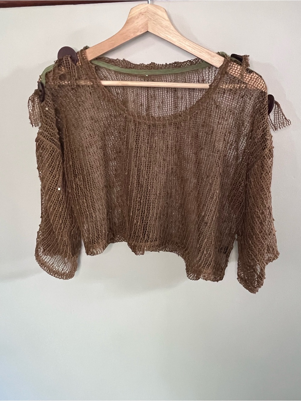Brown Open Knit Mesh Crop Top Sheer Boho Button Shoulder Long Sleeve Summer‎